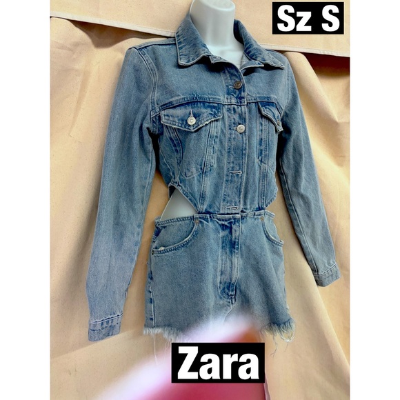 Zara Cotton Denim One Piece Romper with cut out Sides Sz Sm - Picture 1 of 9